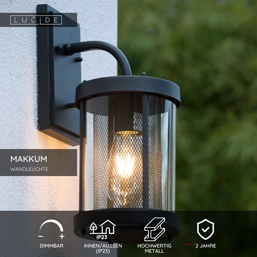 Lucide MAKKUM - Wandleuchte Innen/Außen - 1xE27 - IP23 - Schwarz - USP
